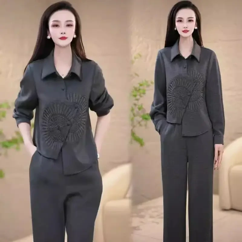 时尚休闲套装女2025春季新款宽松显瘦不规则衬衫高腰阔腿裤两件套