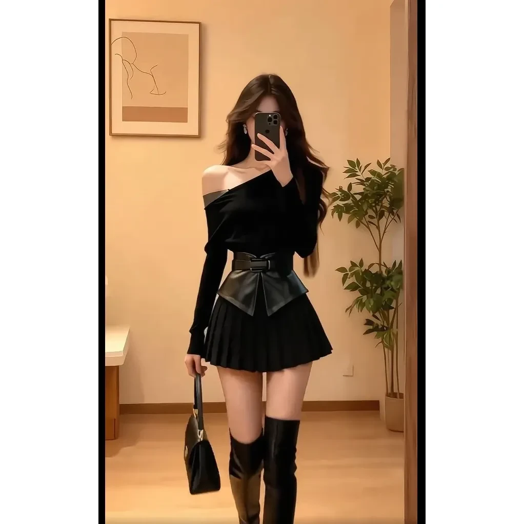 静奢高级氛围感休闲通勤黑色斜领露肩长袖收腰系带百褶连衣裙女