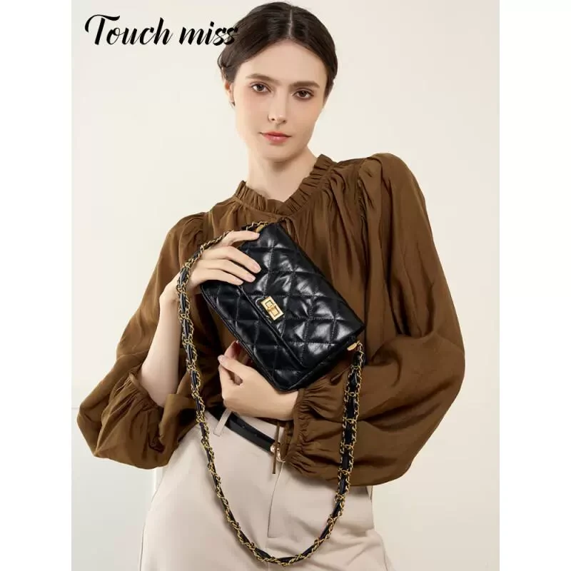 TOUCHMISS/塔驰密司经典真皮菱格链条小方包高级感小香风包包女