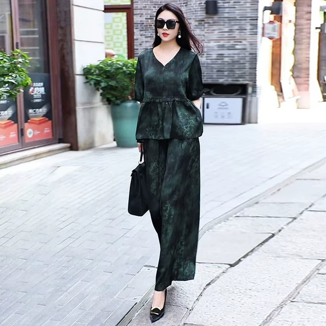 中式国风大码文艺复古真丝短款上衣+宽松阔腿裤时尚减龄两件套装