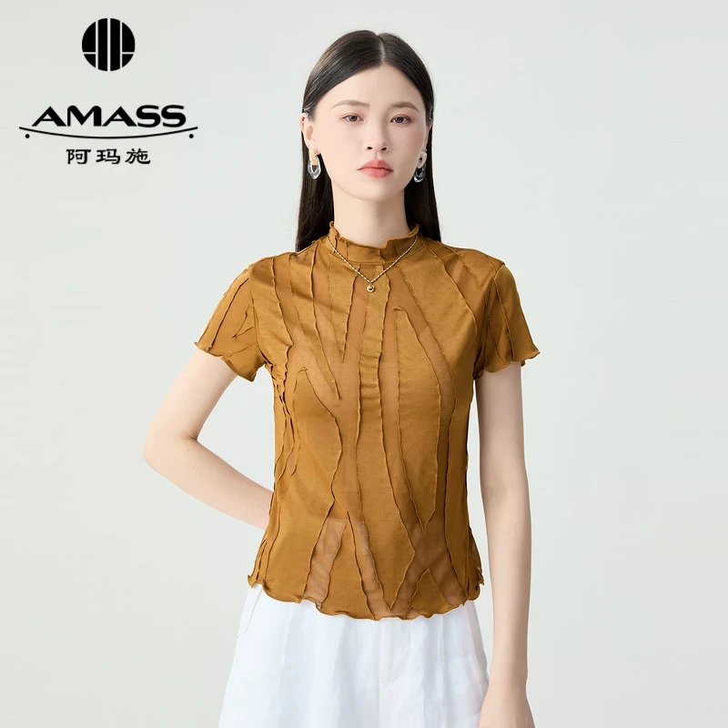 AMASS/阿玛施春夏装新款百搭透视拼接烟管领打底短袖t恤5300603