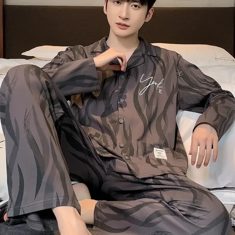 新款男士春秋纯棉长袖开衫长裤翻领睡衣家居服套装