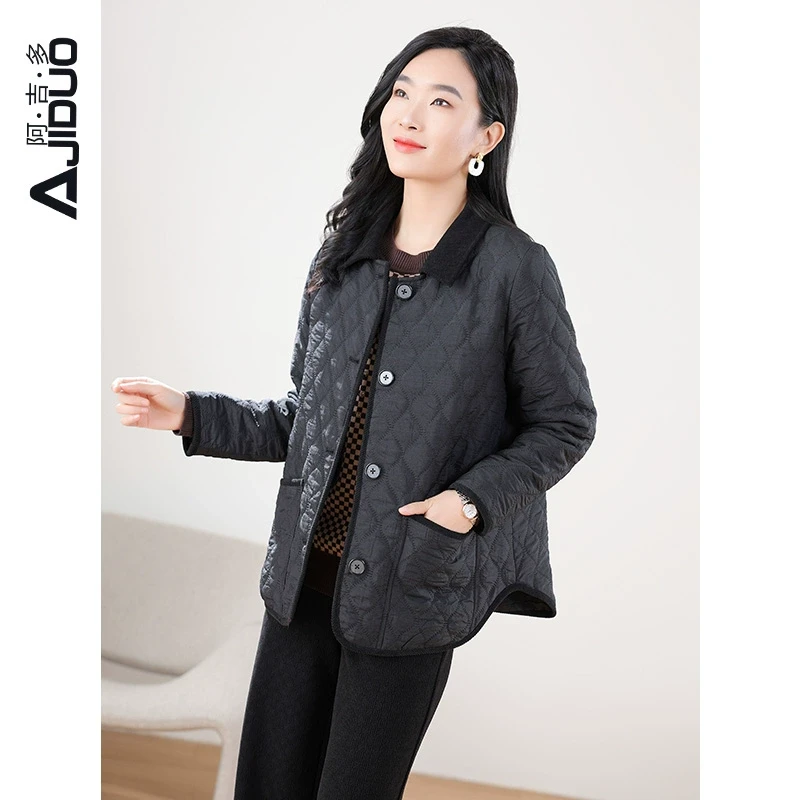 阿吉多复古长袖棉服女2024年新款冬季夹棉轻薄棉袄小个子短款外套
