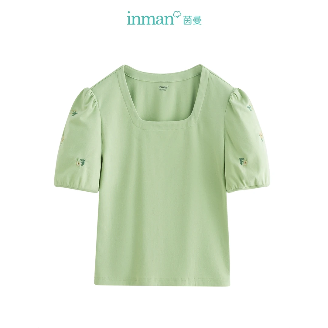 【商场同款】茵曼复古方领T恤2024夏季女装新款刺绣泡泡袖上衣