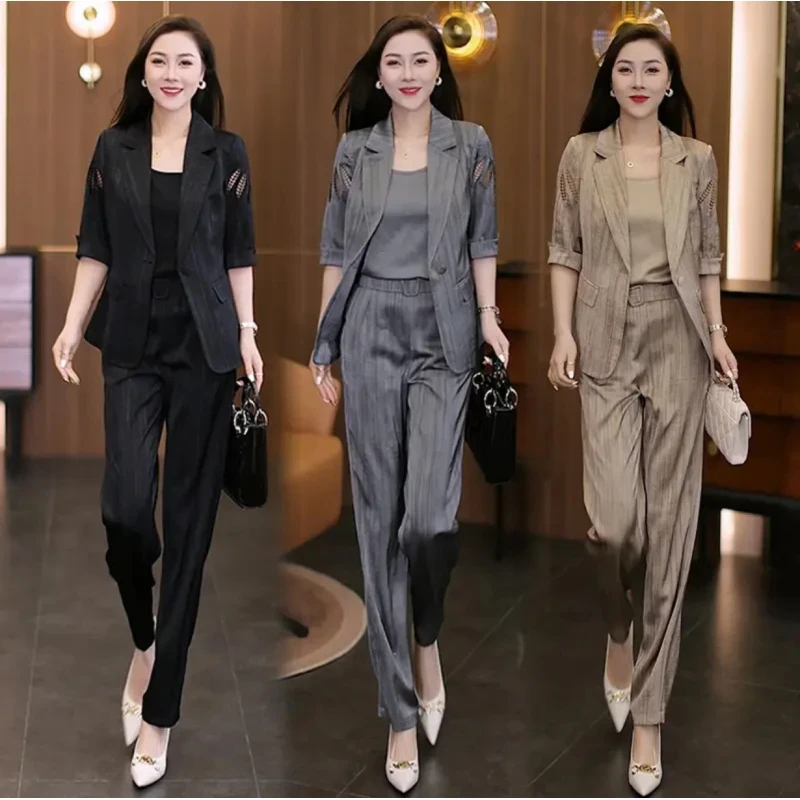 韩版西装套装女2025夏新款时尚减龄镂空外套百搭背心直筒裤三件套