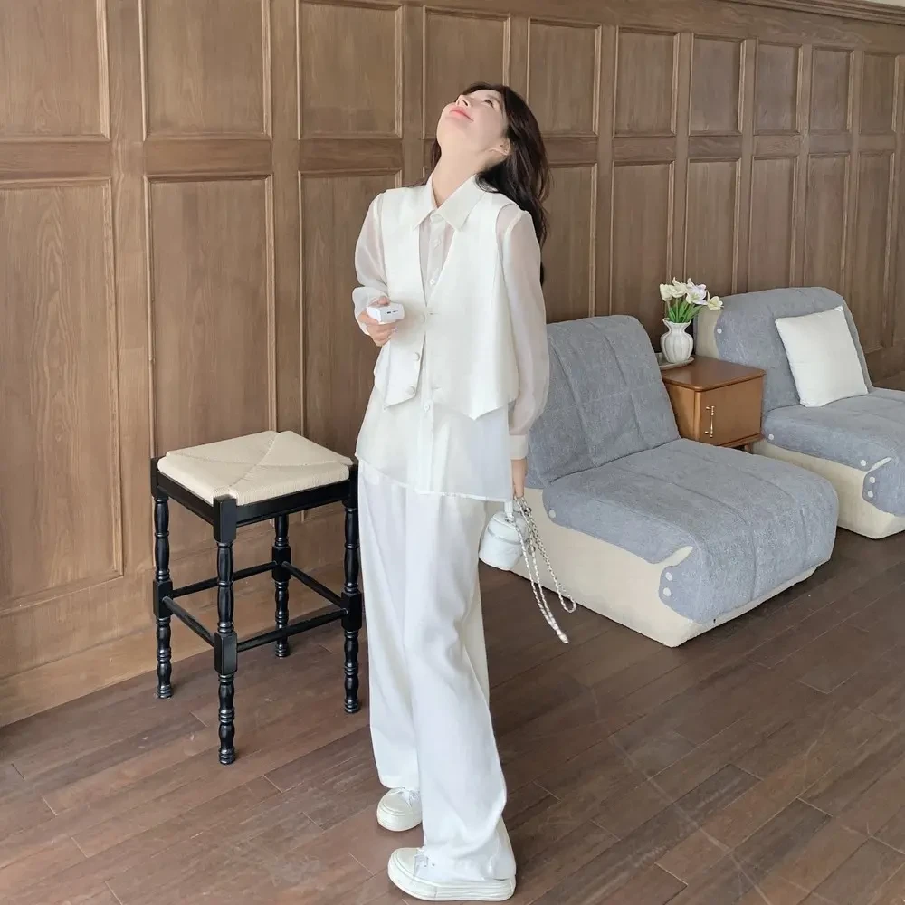 韩系假两件时尚衬衫套装裤女2025夏季新款高级感气质阔腿裤两件套