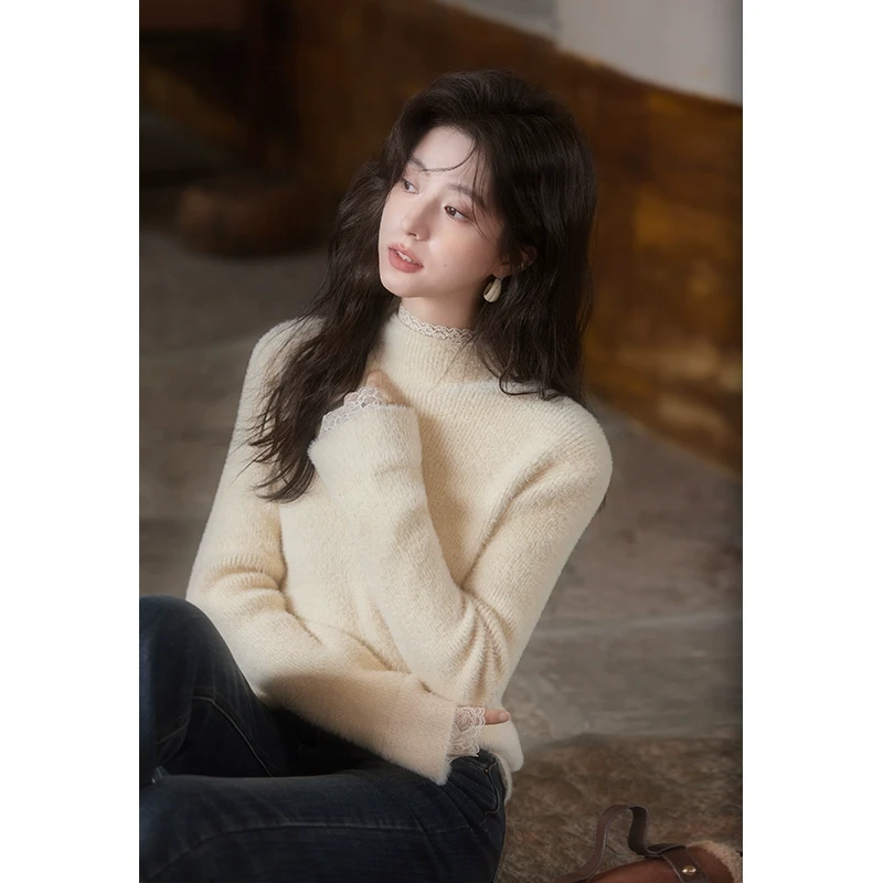 【重百粉丝直播】谜秀蕾丝拼接毛衣立领花边打底针织衫MXD55Z0936