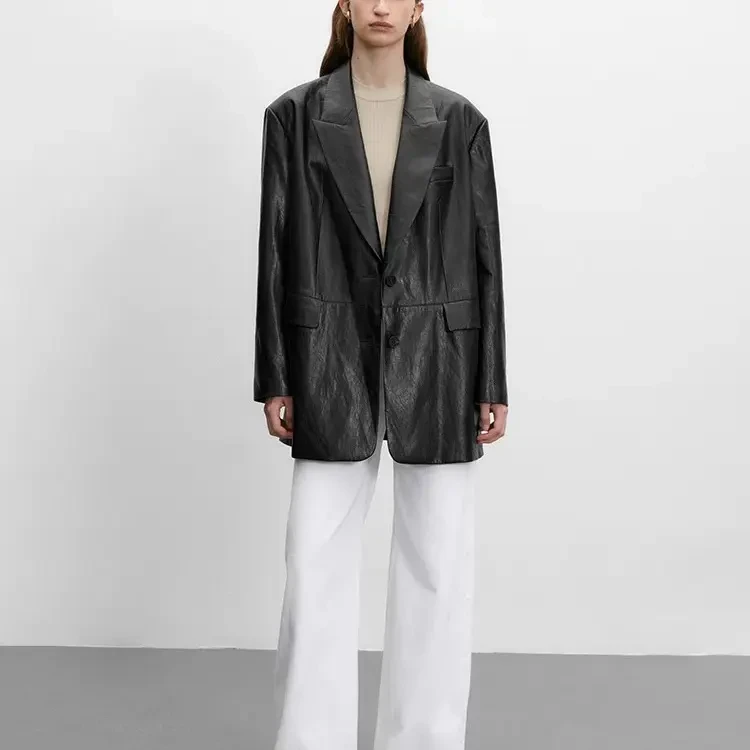 肖战同款时尚枪驳领做旧肌理仿羊皮西装外套黑色小众设计感西服