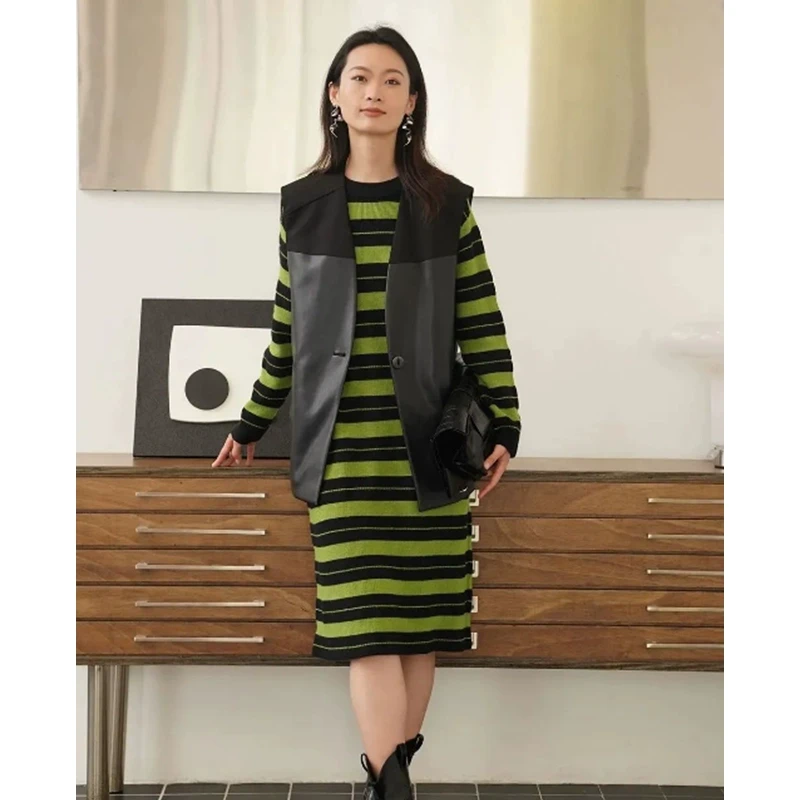 【艾尔】绵羊毛条纹时尚显瘦长袖连衣裙2025春季新款专柜撤柜女装