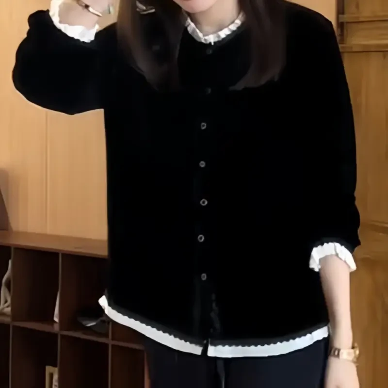 2025秋季新款穿搭法式高级感木耳边丝绒长袖洋气衬衫大码女装时尚