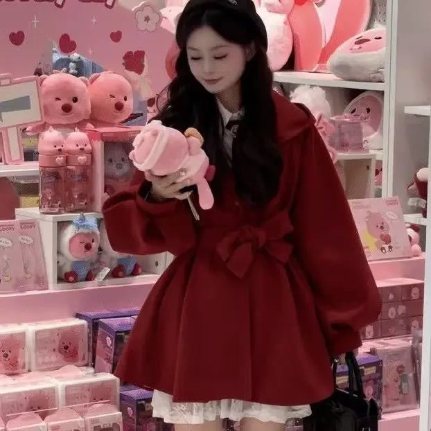 2024秋冬季新款韩版气质保暖中长款收腰显瘦绑带连帽灯笼袖外套女