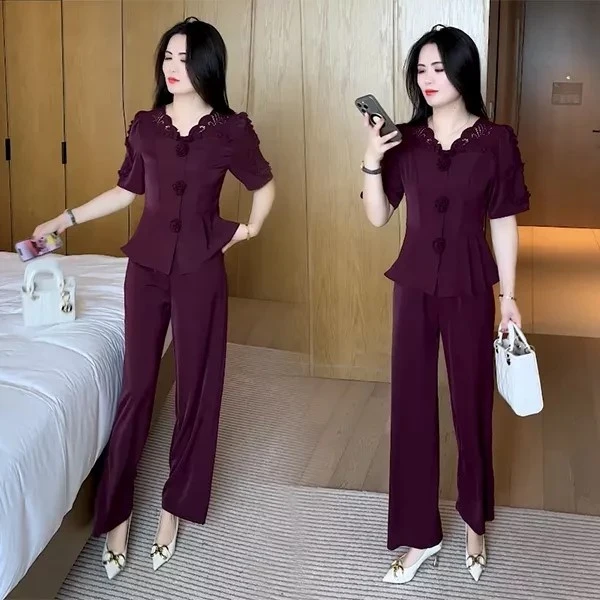 2025夏季新款穿搭显瘦收腰洋气时尚气质减龄刺绣短袖套装185