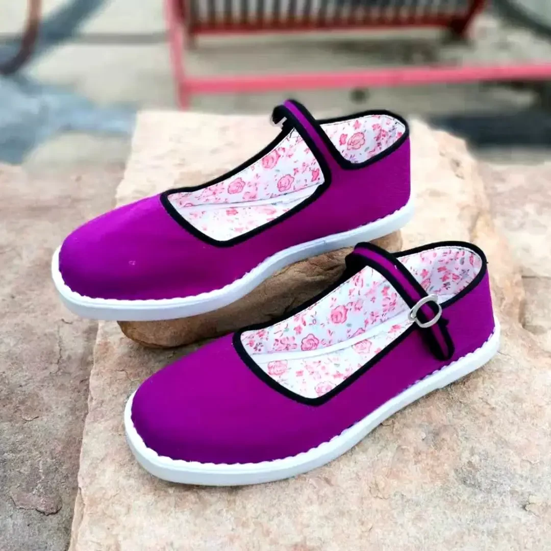 春秋女士手工塑料底一带紫色方口布鞋民族风浅口平跟防滑透气单鞋