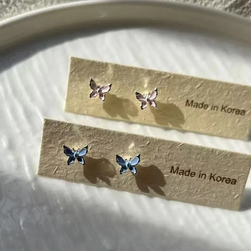 合金耳饰 蓝色粉色滴釉蝴蝶耳钉女新款百搭简约ins小众精致耳饰女