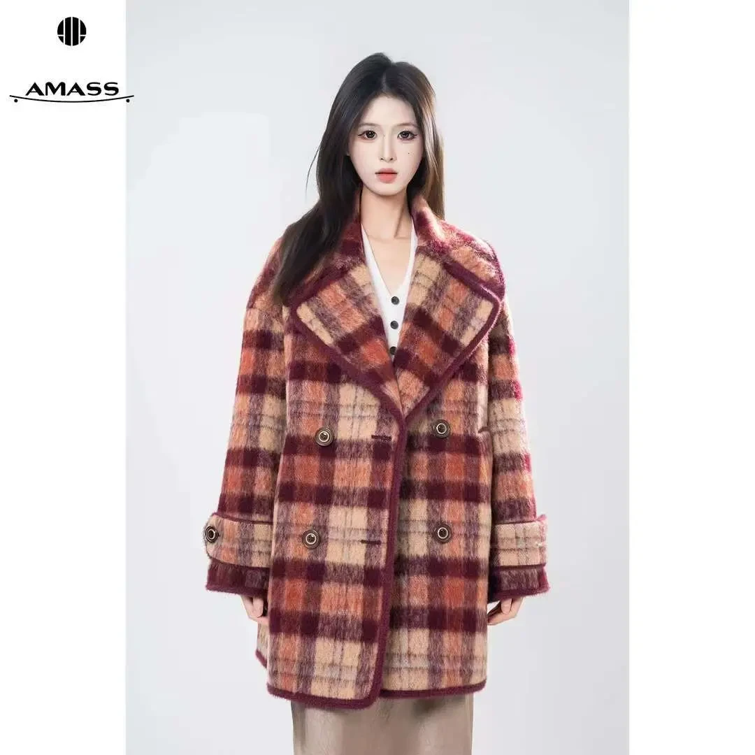 AMASS/阿玛施秋冬新款时尚小众经典格纹中长款毛呢外套女 5400842