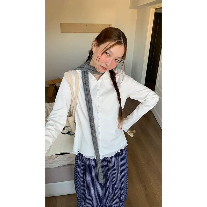 银河汽水 甜美上衣卷边立领长袖白色T恤女