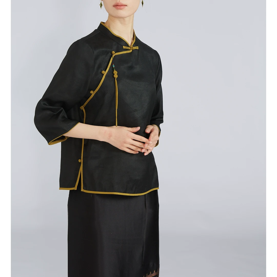 非遗香云纱盘扣新中式上衣100桑蚕丝国风七分袖立领小衫春YSDS012