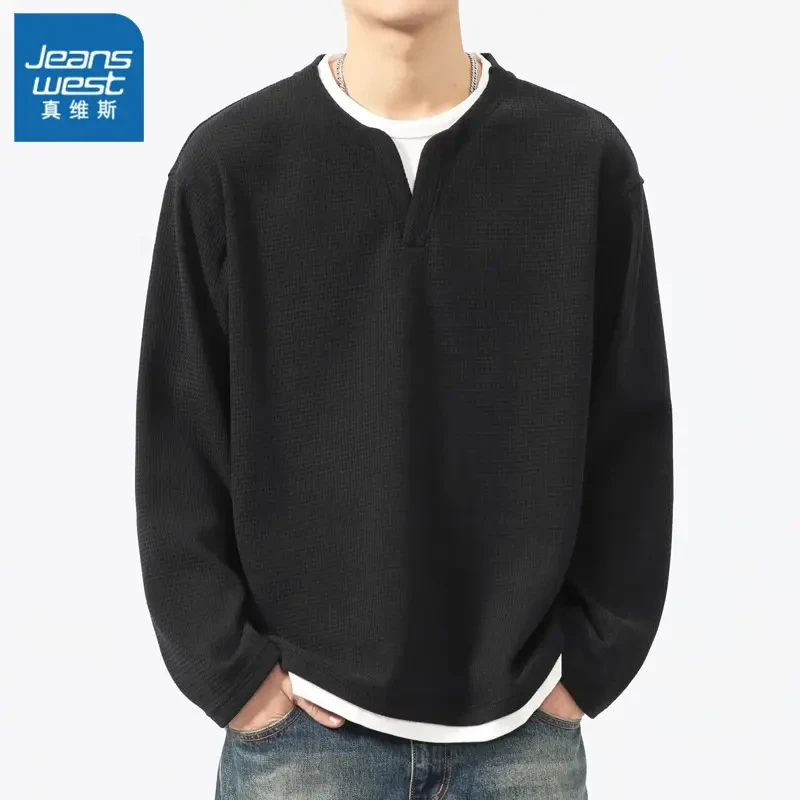 真维斯重磅假两件长袖T恤男宽松简约休闲上衣春秋潮高级感打底衫