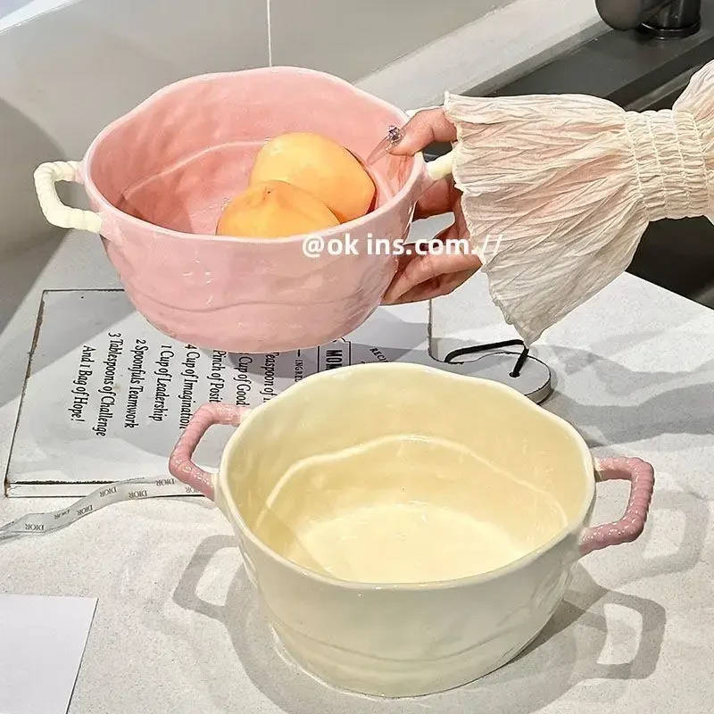 陶瓷ins不规则双耳汤碗泡面家用沙拉餐具水果高颜值螺蛳大容量LJ