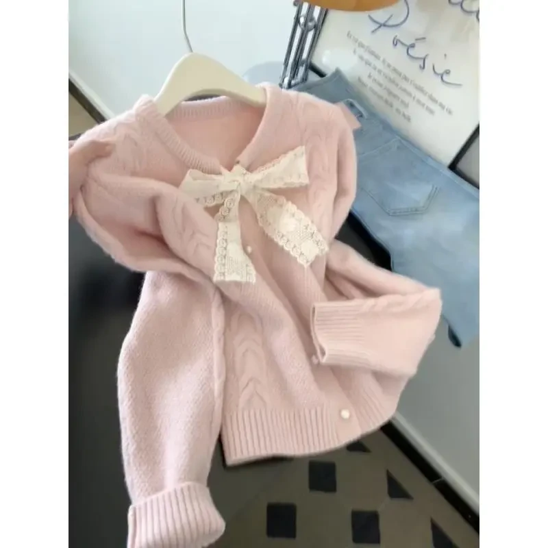 蝴蝶结法式温柔风甜美气质圆领单排扣毛衣针织开衫2025秋冬季新款