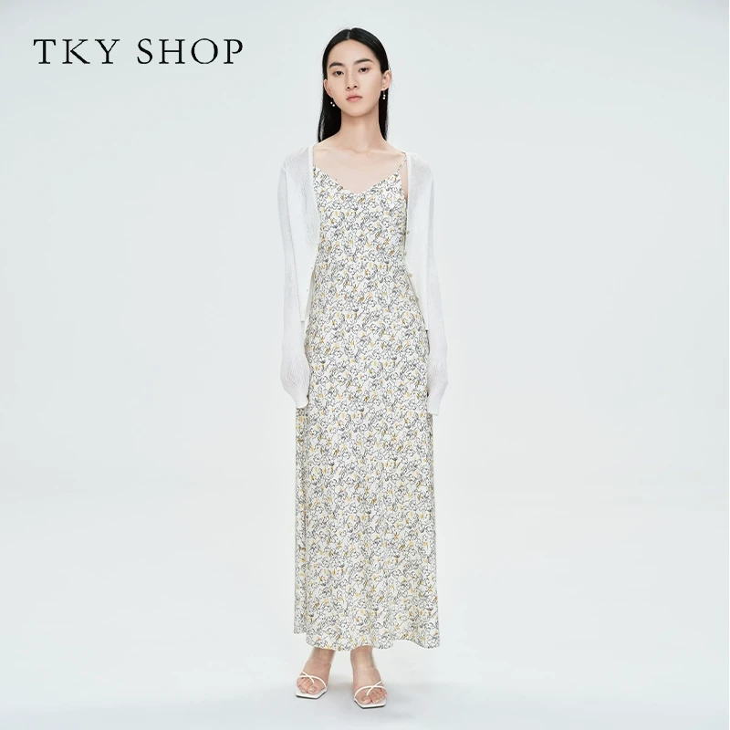 TKYSHOP【桑蚕丝太阳花】仙女出游V领桑蚕丝吊带连衣裙10G1KB04F017
