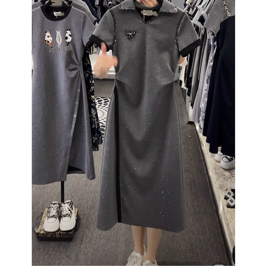 时尚高级感带亮钻爱心设计夏季女装拼接烫钻蝴蝶结气质连衣裙