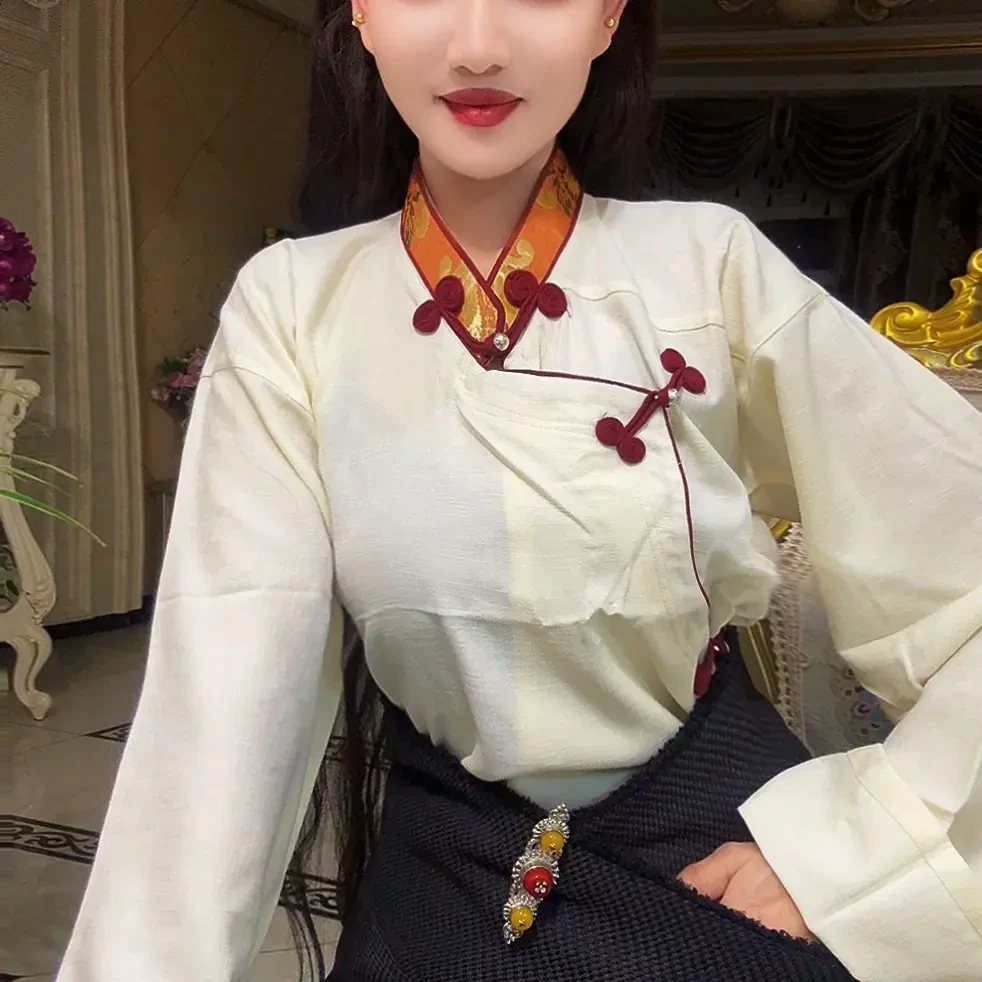 女士藏式民族风宽松长袖衬衣手工盘扣适合锅庄舞