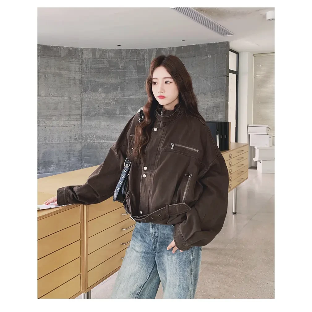 美式复古咖色工装牛仔外套女秋季拉链开衫chic小个子短款立领夹克