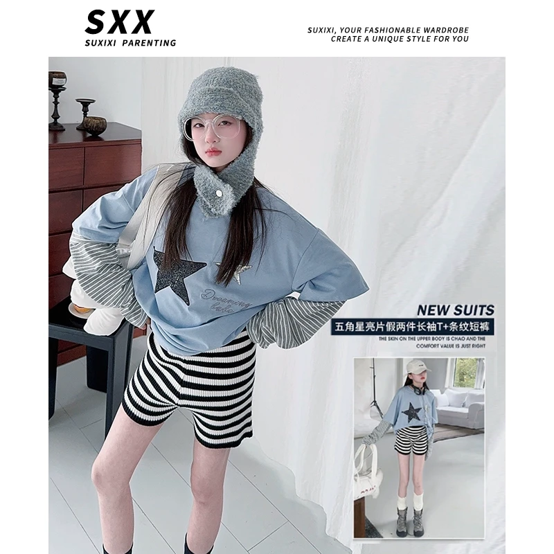 【LUCY定制】女童2025春款假两件长袖T恤条纹拼接小众宽松上衣