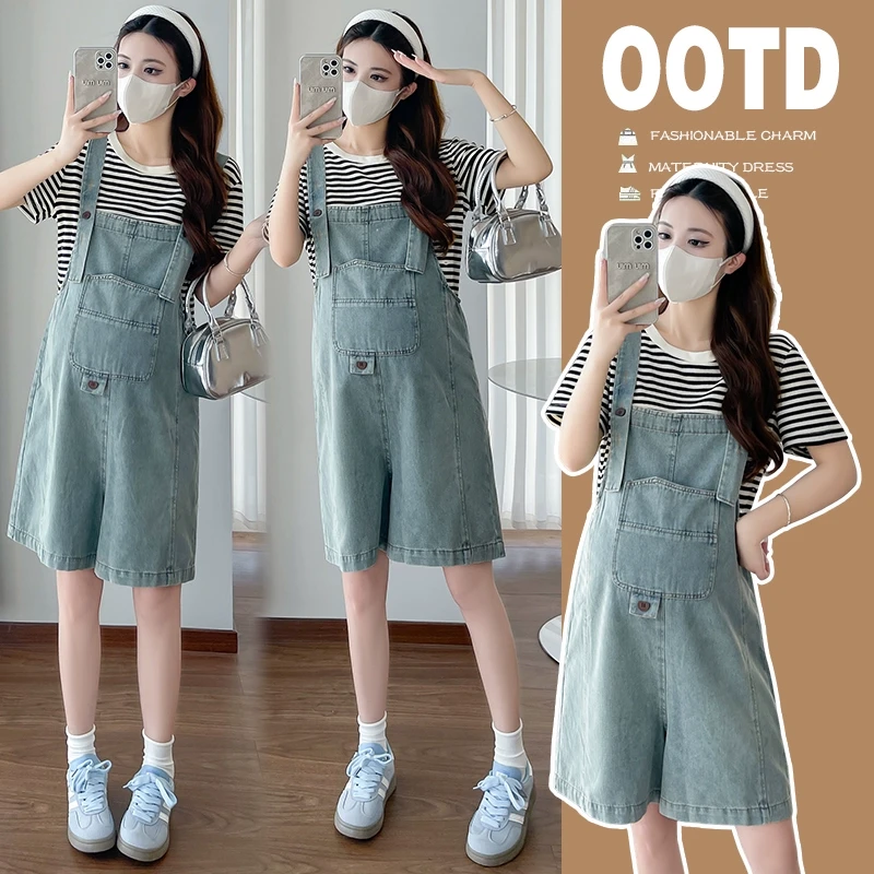 孕妇牛仔背带裤夏装薄款2025新韩式小个子穿搭宽松显瘦时尚不勒肚