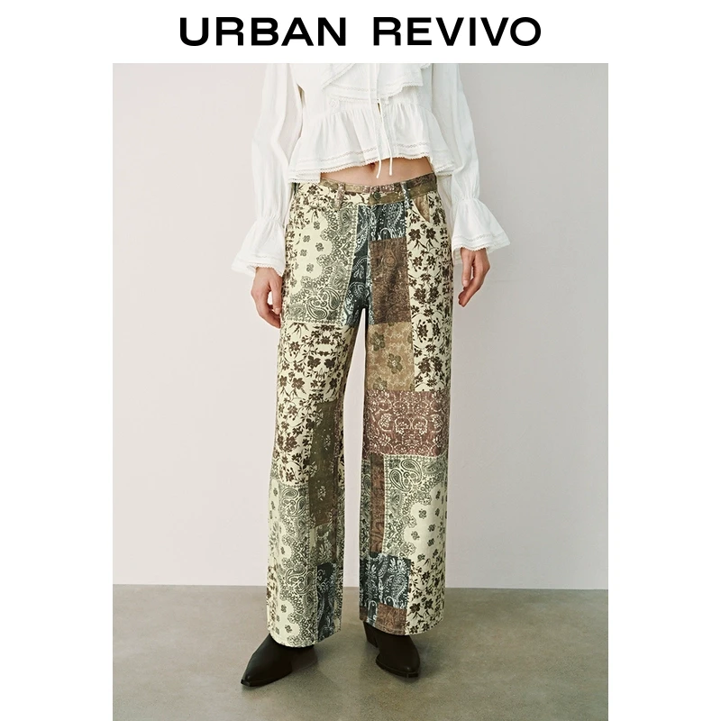 【钟楚曦同款】UR2025春季新款女装腰果花阔腿休闲长裤UYL850045