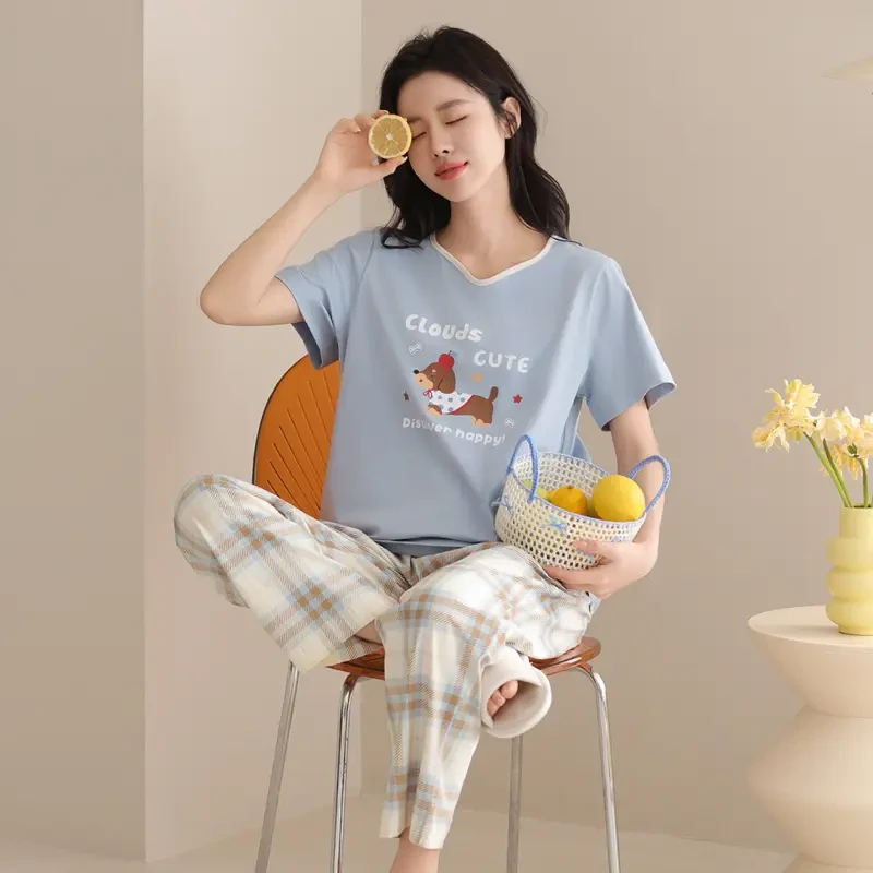 芬腾睡衣女款夏季短袖长裤薄款休闲可爱圆领套头可外穿家居服套装