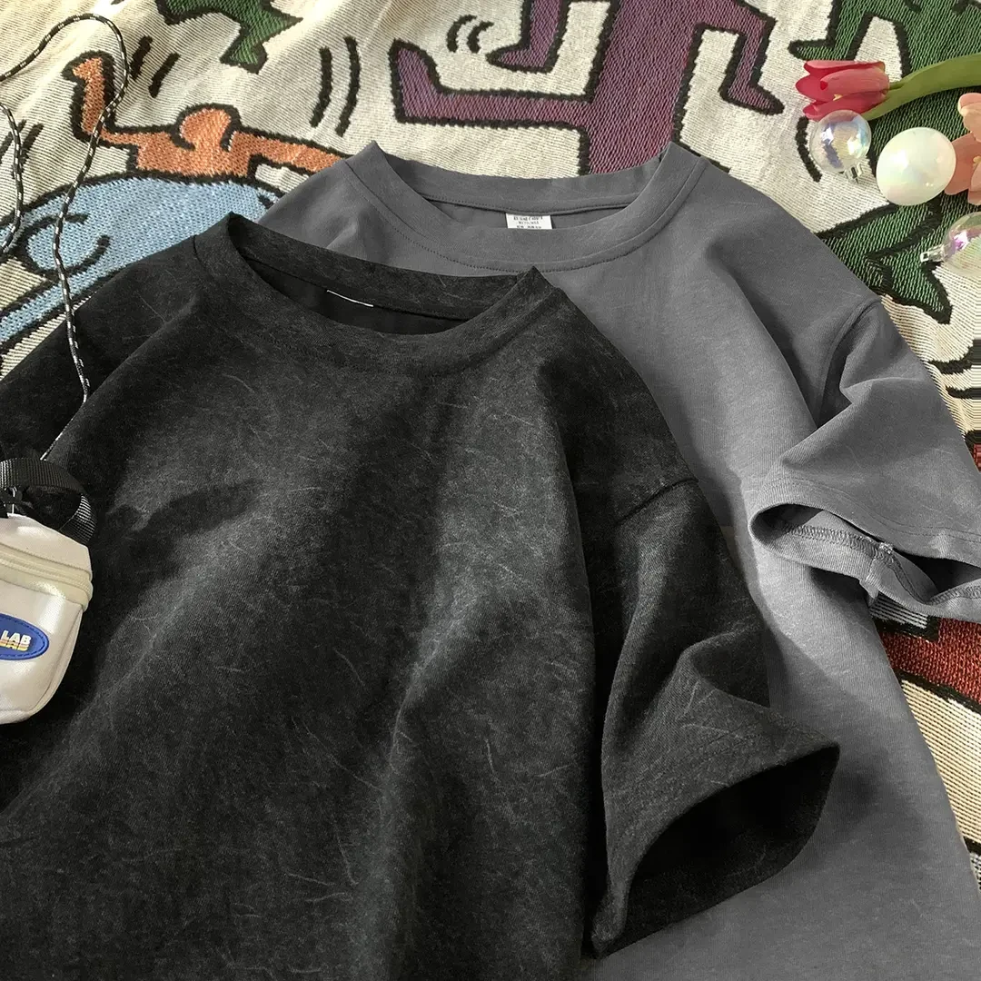 夏季重磅300g砂洗短袖T恤潮牌潮流美式复古凉感宽松大码半袖上衣