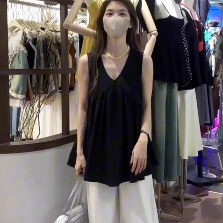 【清货+运补6】黑色无袖吊带背心女夏法式独特漂亮小衫显瘦宽松上衣