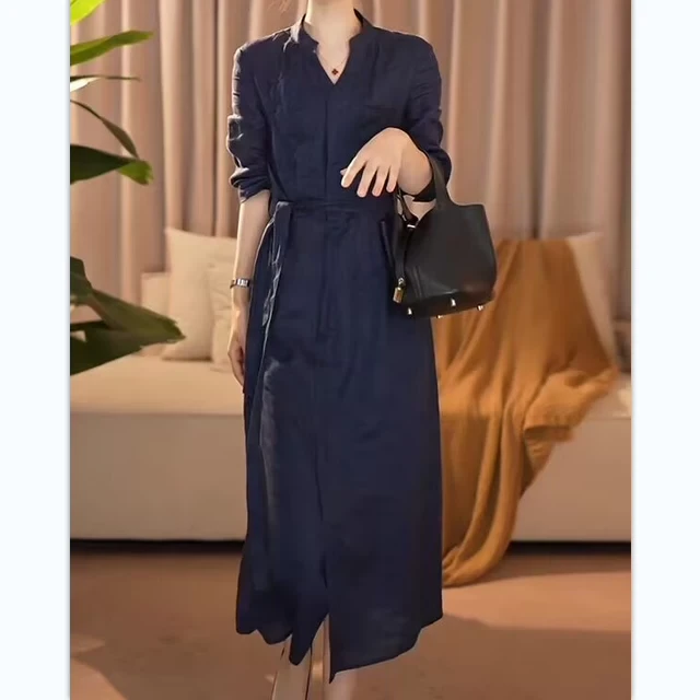 新款亚麻连衣裙女中长款韩版宽松大码收腰显瘦气质时尚百搭长裙子