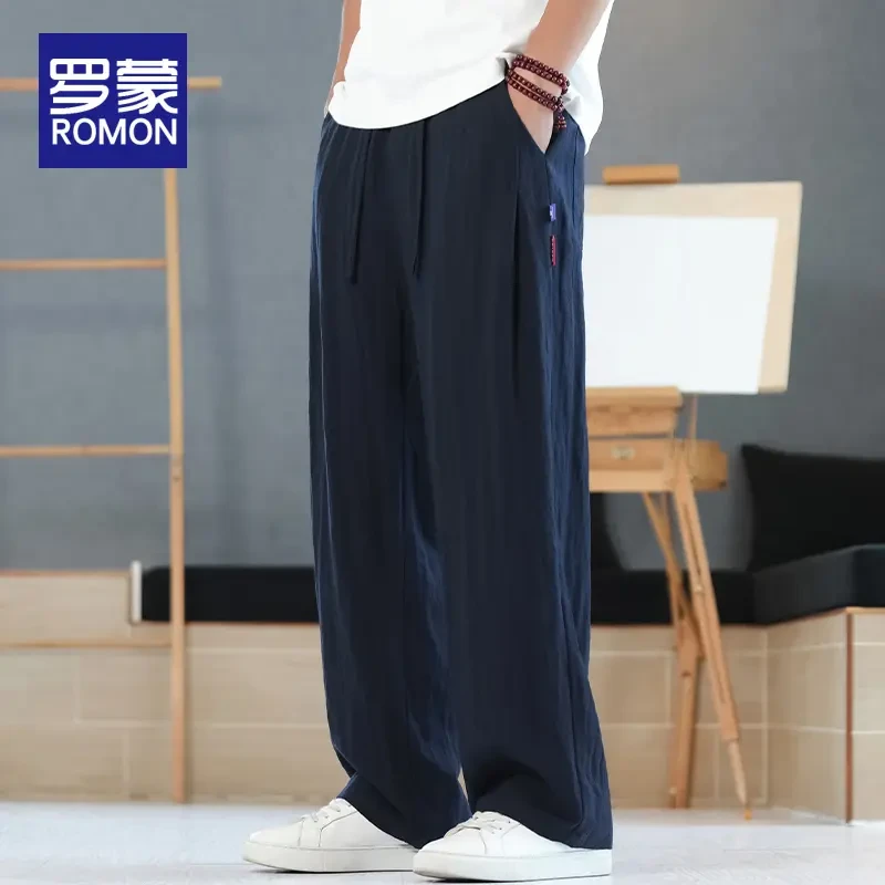 罗蒙男士夏季潮流亚麻休闲裤男款时尚男裤薄款直筒宽松阔腿裤子男