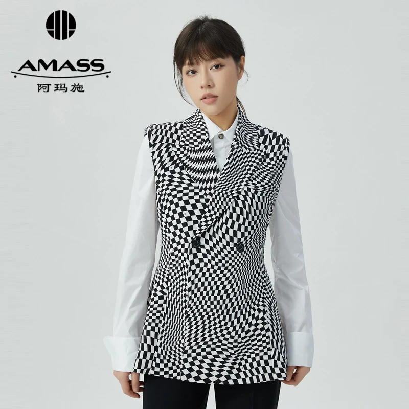 阿玛施AMASS春夏时尚高端气质通勤棋盘格两粒扣中长马甲女5400732
