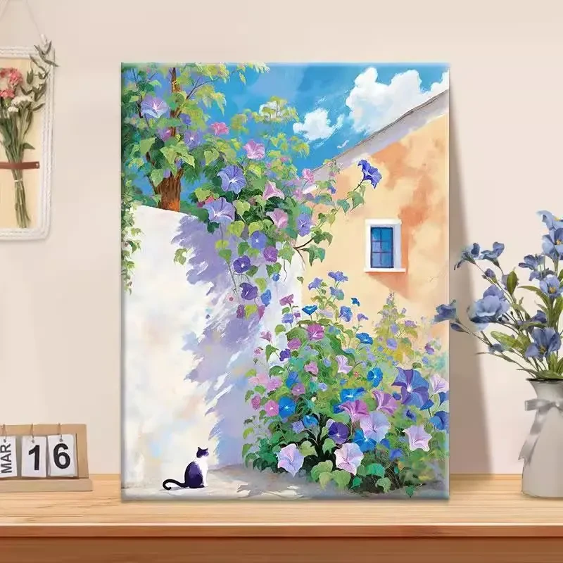 (花下的猫咪）diy数字油画高品质手工涂色解压治愈送礼丙烯装饰画