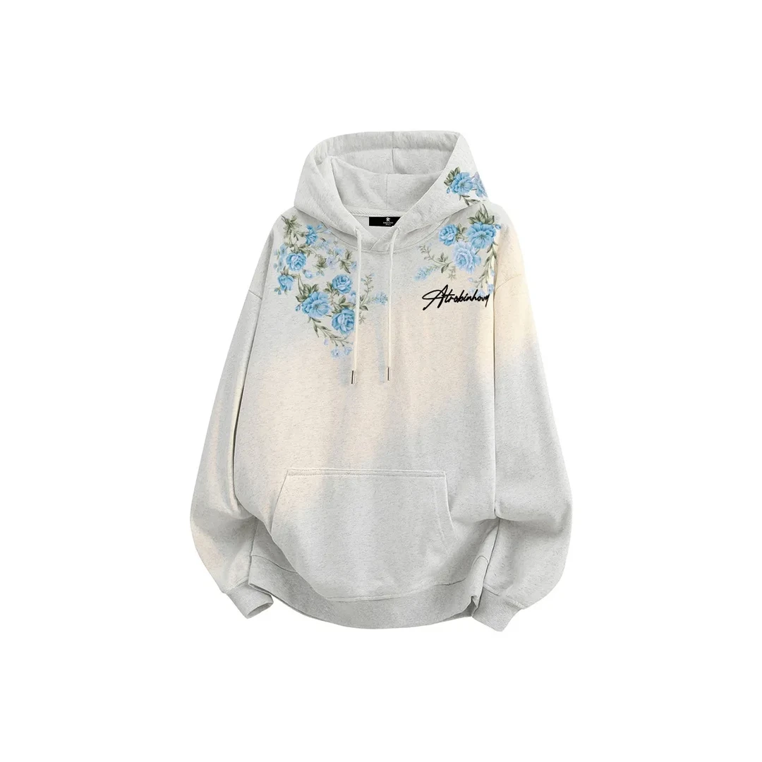 罗宾H美式高街青少年连帽卫衣男植物花卉拼接宽松百搭学生男女款