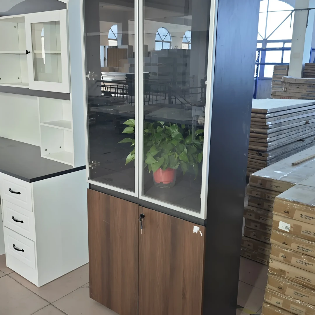 二门文件柜全新库存铝合金边框钢化黑玻书柜原木色办公文件柜