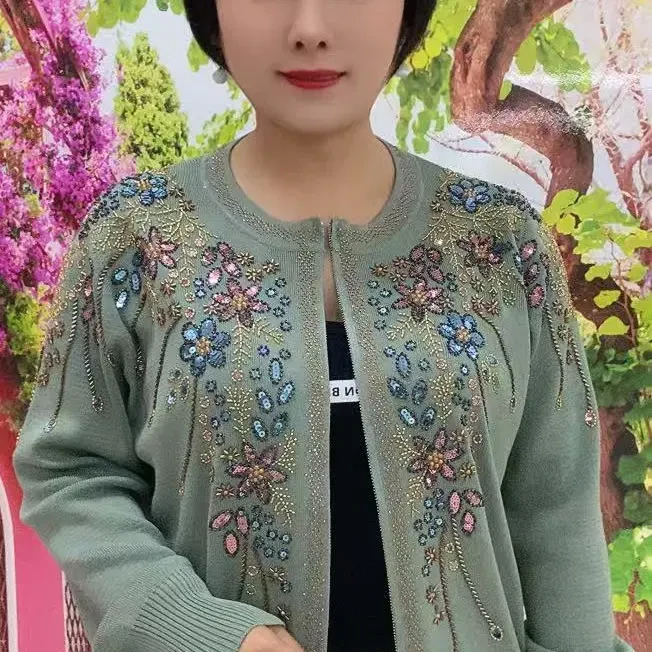 女宽松型厚款毛针织衫烫钻针织秋季刺绣长袖植物花卉