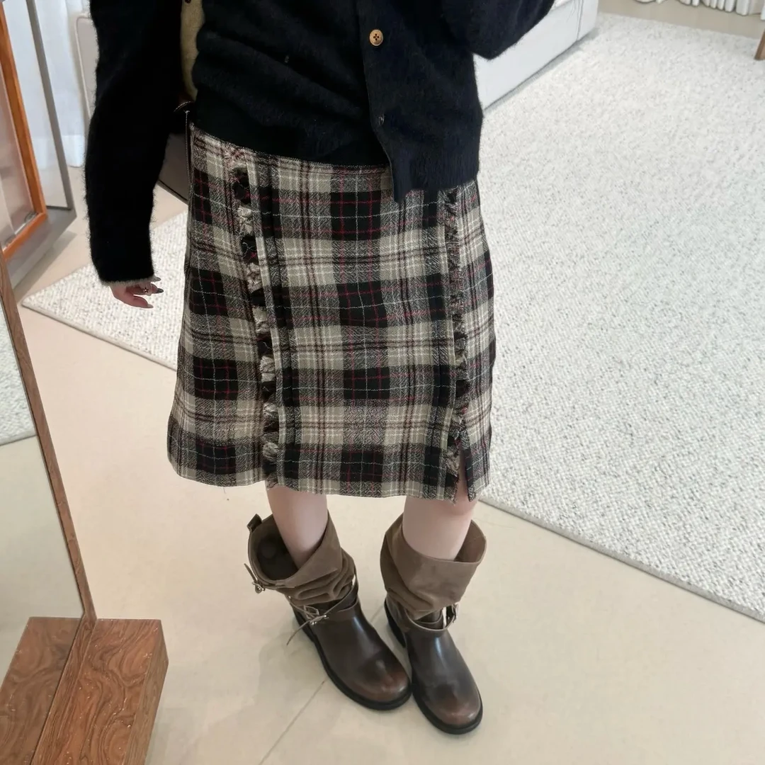 【ALX】羊毛材质格纹高腰A字复古秋冬半身裙