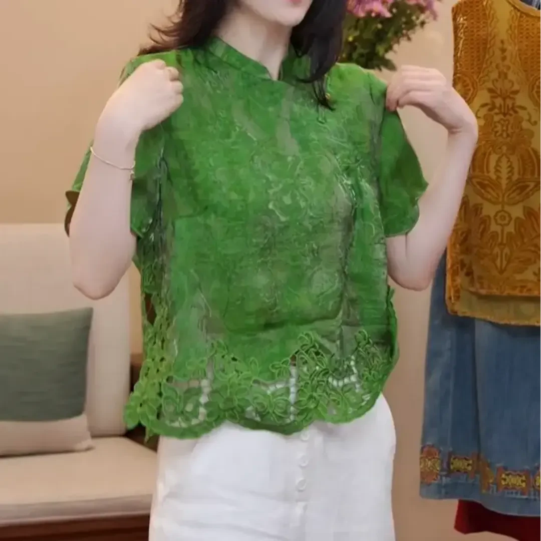 2025年夏季新款百搭显瘦气质时尚下摆镂空短袖上衣女士老钱风T恤