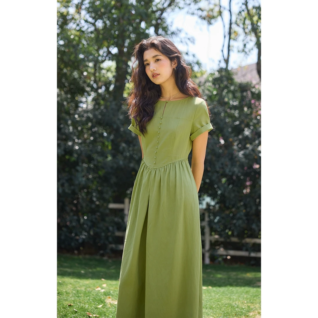 solighter 法式复古绿色连袖收腰连衣裙夏季5I0505L03A3
