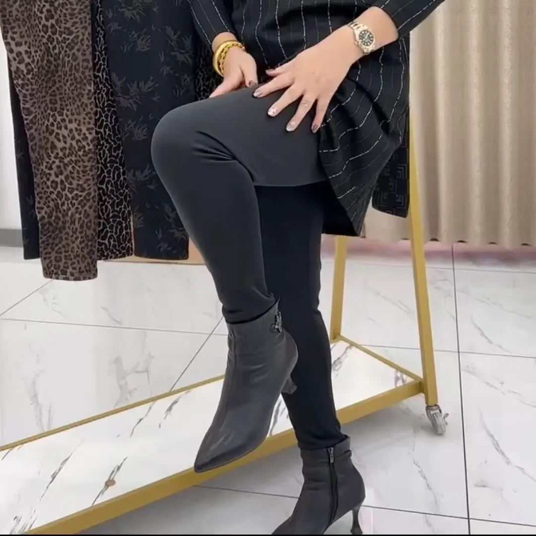 大码时尚带兜薄款滑溜料棉裤打底裤高腰