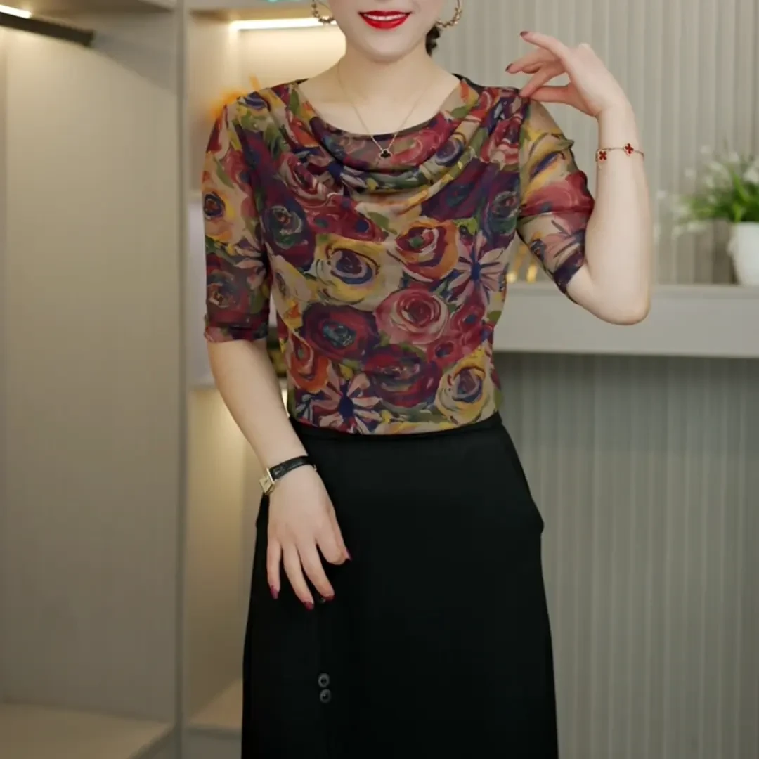 2025夏季新款时髦堆堆领洋气上衣百搭气质减龄玫瑰花显瘦印花小衫