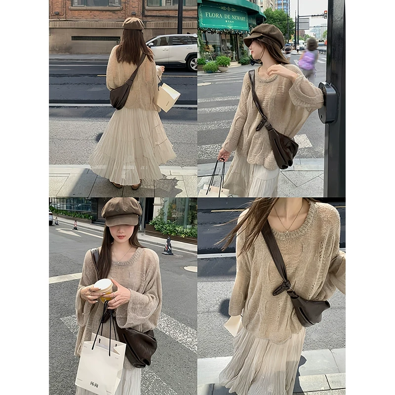 【年货捡漏】乌77法式圆领镂空针织毛衣女宽松外搭薄款纯欲罩衫上衣