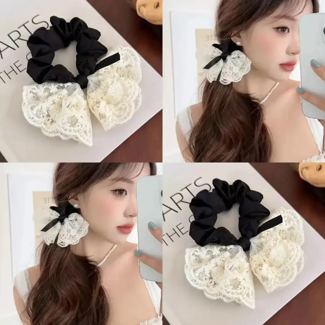 双层刺绣蕾丝发圈韩系甜美复古蝴蝶结小肠发圈温柔皮筋发饰头饰女