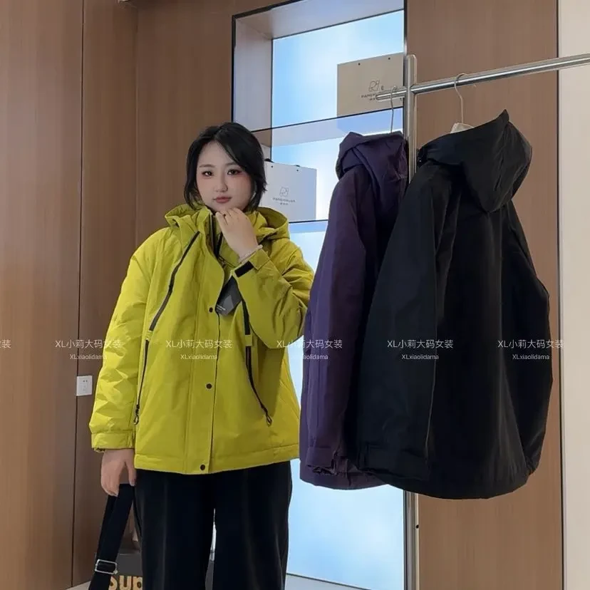大码女装 新款棉衣加绒加厚连帽保暖百搭冲锋衣外套