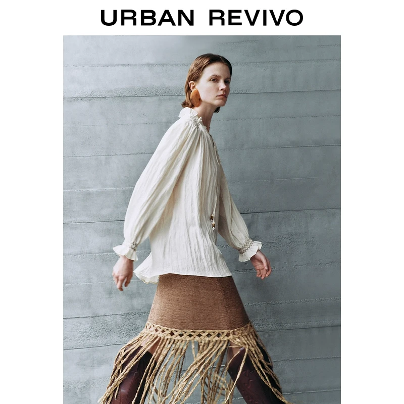 【明星同款】UR2025春季新款女装休闲刺绣系带罩衫衬衫UWH250010